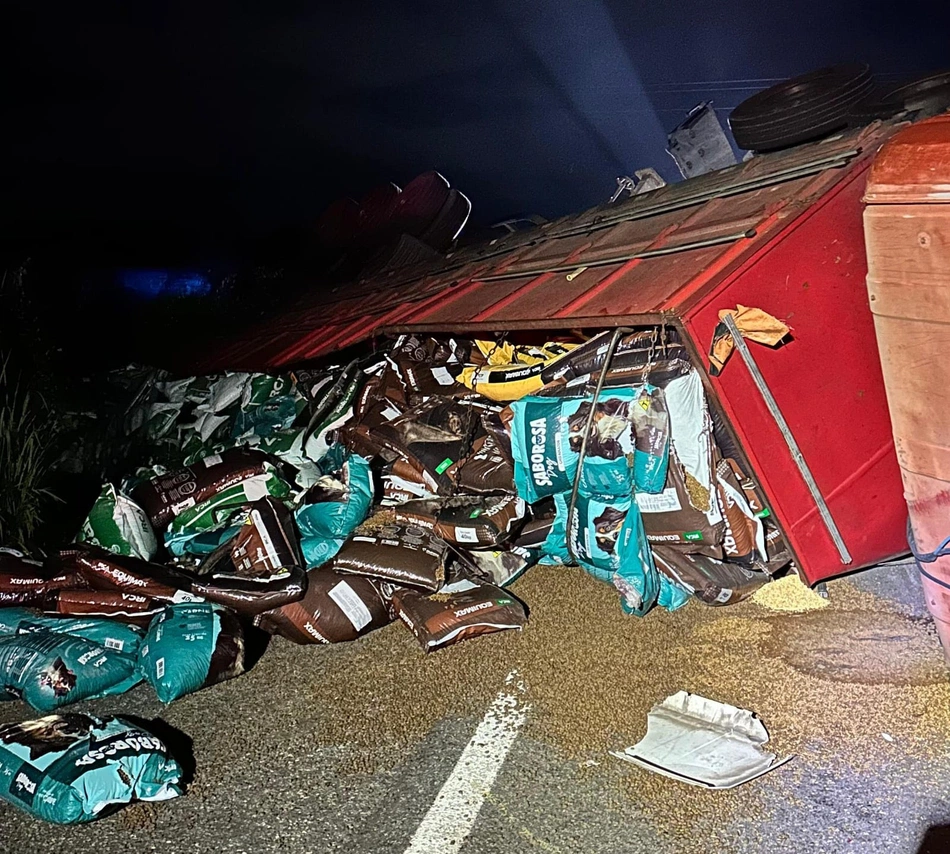 Caminhão carregado de ração tomba na BR-343 em Piripiri