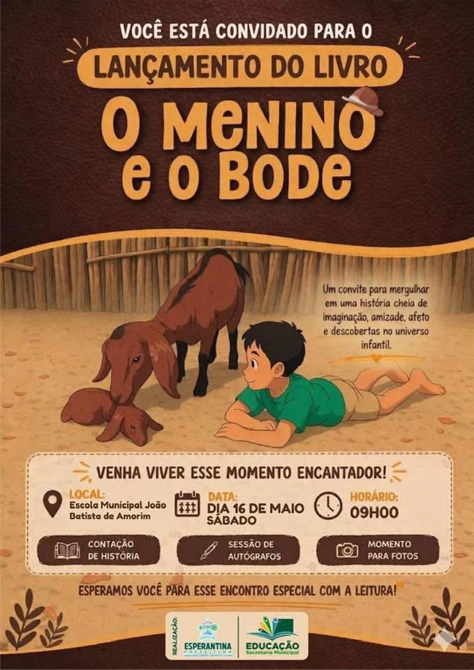 Lançamento do livro  O Menino e o Bode  acontece neste sábado em Esperantina