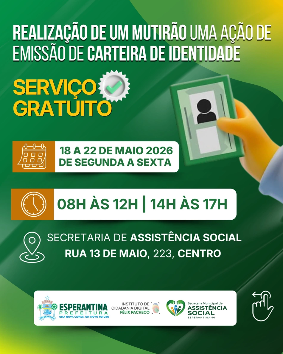 Prefeitura de Esperantina realiza mutirão gratuito para emissão da Carteira de Identidade