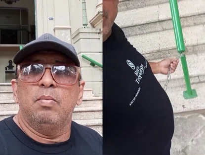 Comerciante "Rei do Tropeirão" se acorrenta em frente à Prefeitura de Teresina