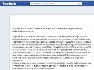 Família usa o Facebook para relatar o caso(Imagem:Reprodução)