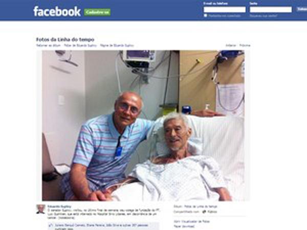 Foto postada no site Facebok pelo senador Eduardo Suplicy; ele visitou Gushiken no hospital nesta semana(Imagem:Reprodu&ccedil;&atilde;o)