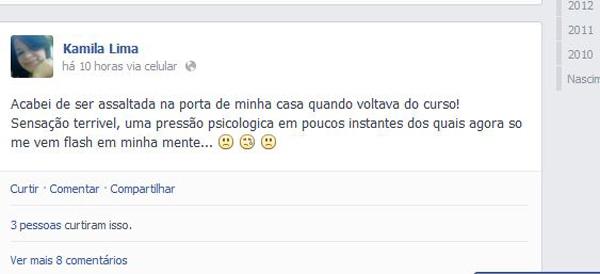 A estudante Kamila Lima postou o ocorrido em rede social.(Imagem:Reprodução)