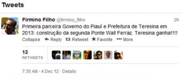 An&uacute;ncio da constru&ccedil;&atilde;o da ponte foi pelo twitter.(Imagem:Reprodu&ccedil;&atilde;o)