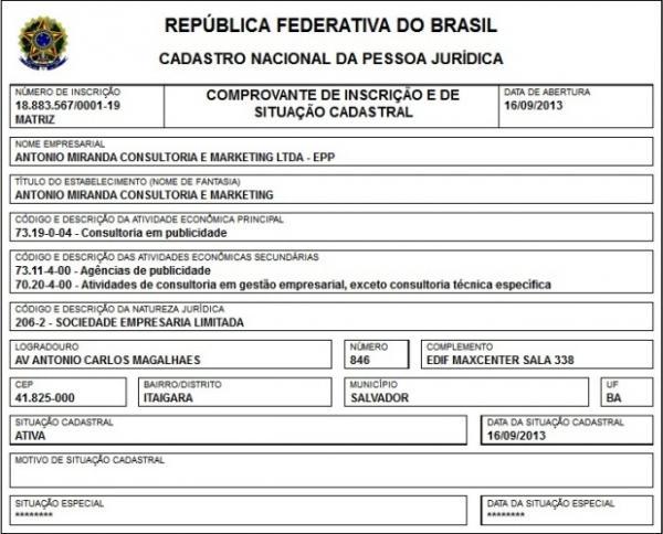 Cadastro da empresa na Receita Federal(Imagem:Reprodu&ccedil;&atilde;o)