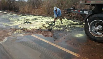 Caminhão que transportava enxofre pega fogo na BR 135